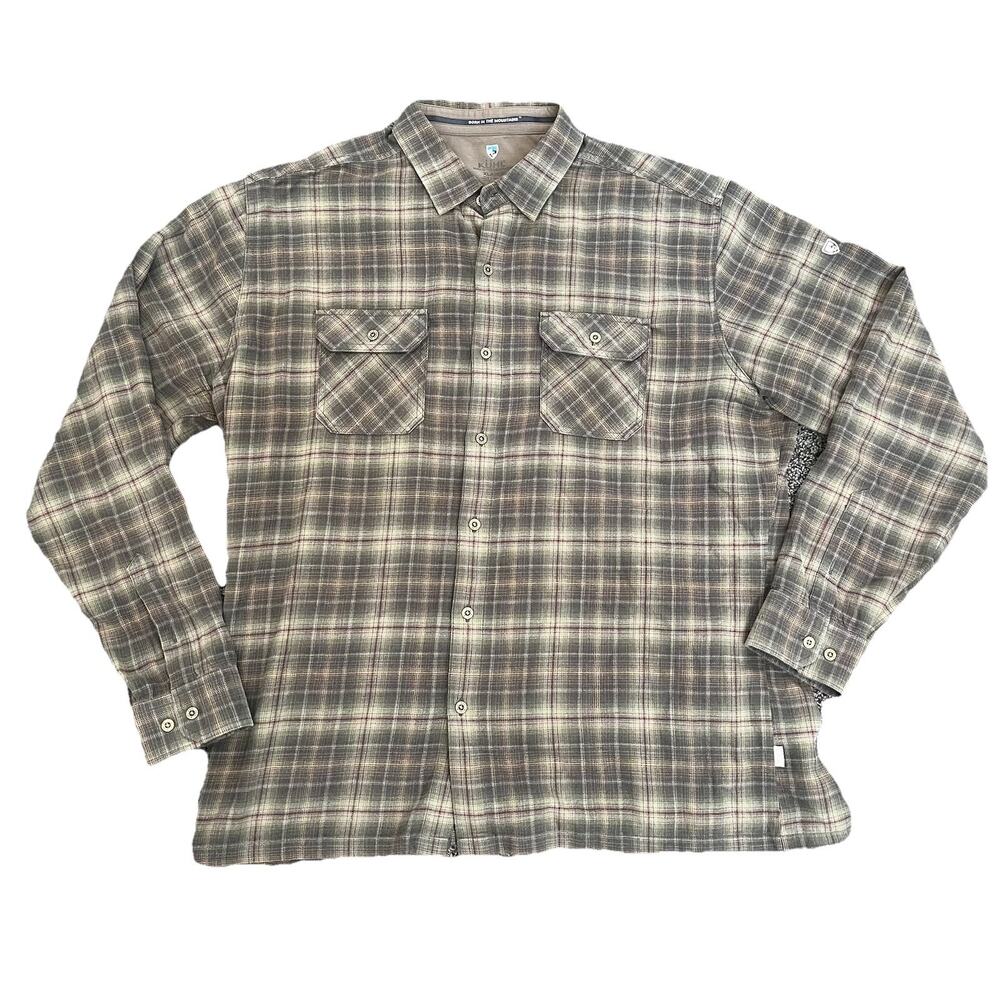 Kuhl Dillingr Flannel Brown Plaid Long Sleeve Shirt - Men's Size XL Gorp Hiking